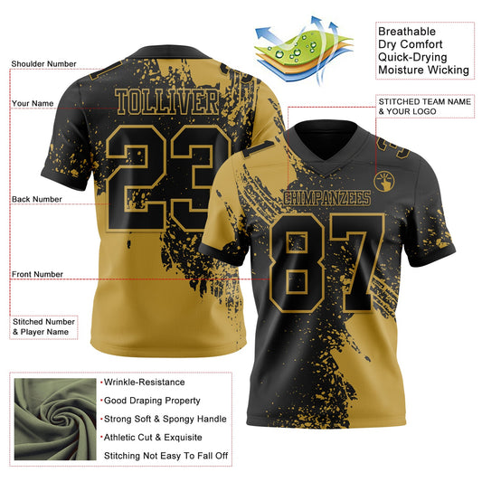 Custom Black Old Gold 3D Pattern Abstract Brush Stroke Mesh Authentic Football Jersey - Sky-Custom