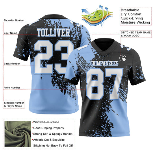Custom Black White-Light Blue 3D Pattern Abstract Brush Stroke Mesh Authentic Football Jersey - Sky-Custom