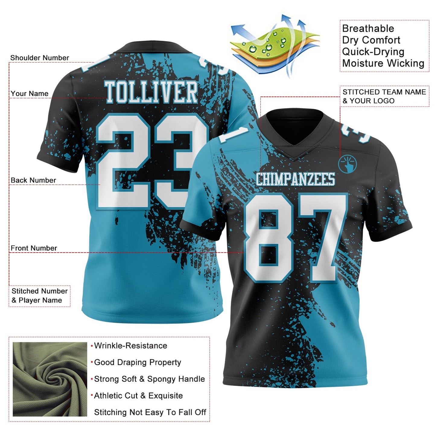 Custom Black White-Panther Blue 3D Pattern Abstract Brush Stroke Mesh Authentic Football Jersey - Sky-Custom