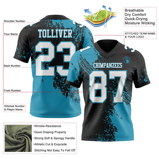 Custom Black White-Panther Blue 3D Pattern Abstract Brush Stroke Mesh Authentic Football Jersey - Sky-Custom