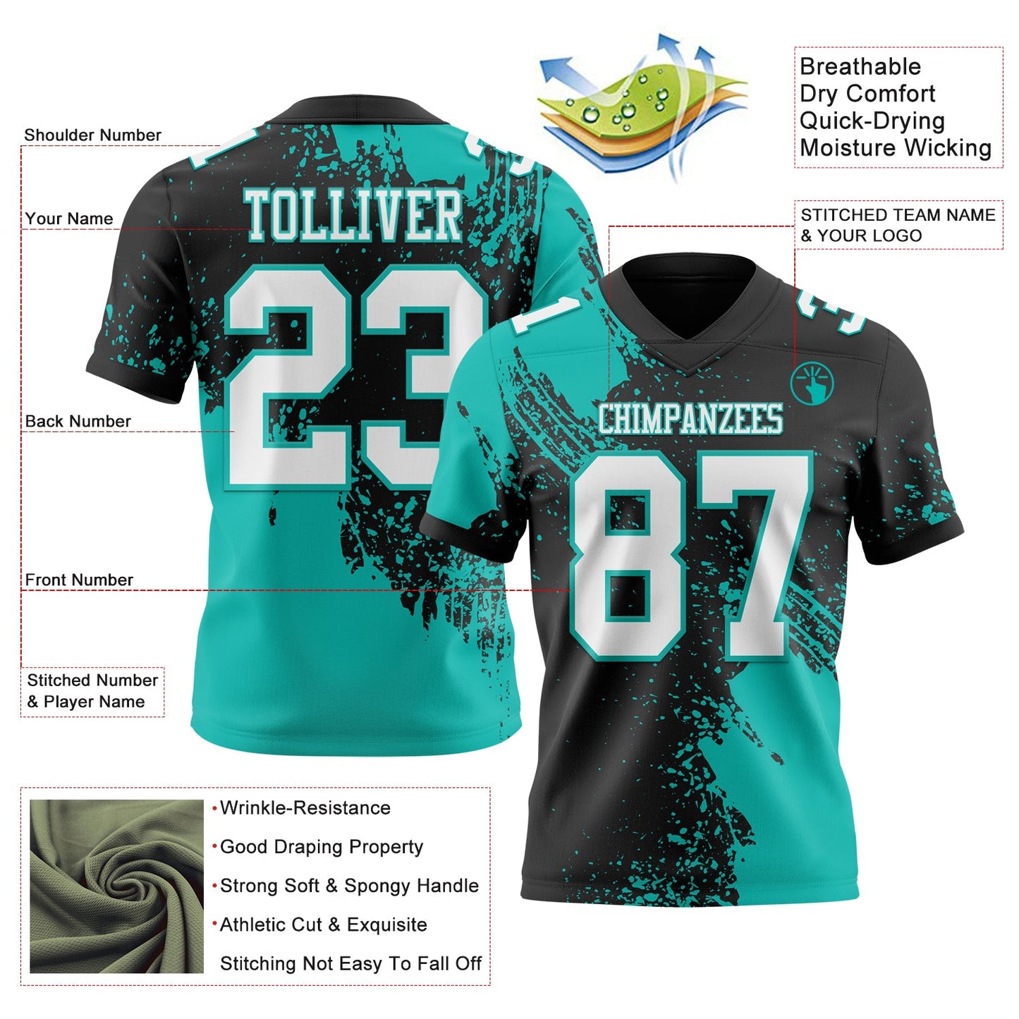 Custom Black White-Aqua 3D Pattern Abstract Brush Stroke Mesh Authentic Football Jersey - Sky-Custom