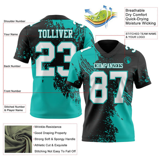 Custom Black White-Aqua 3D Pattern Abstract Brush Stroke Mesh Authentic Football Jersey - Sky-Custom
