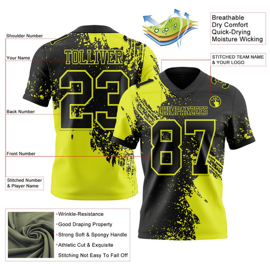 Custom Black Neon Yellow 3D Pattern Abstract Brush Stroke Mesh Authentic Football Jersey - Sky-Custom