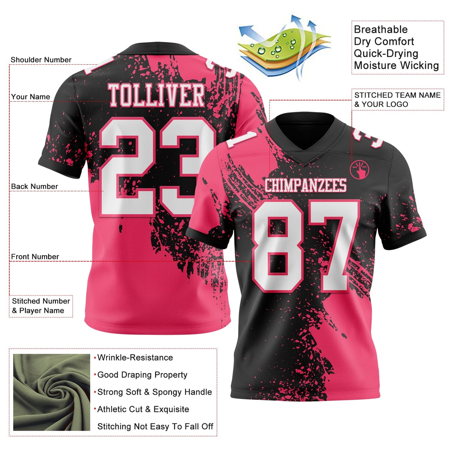 Custom Black White-Neon Pink 3D Pattern Abstract Brush Stroke Mesh Authentic Football Jersey - Sky-Custom