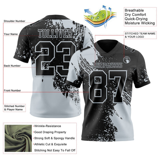 Custom Black Silver 3D Pattern Abstract Brush Stroke Mesh Authentic Football Jersey - Sky-Custom