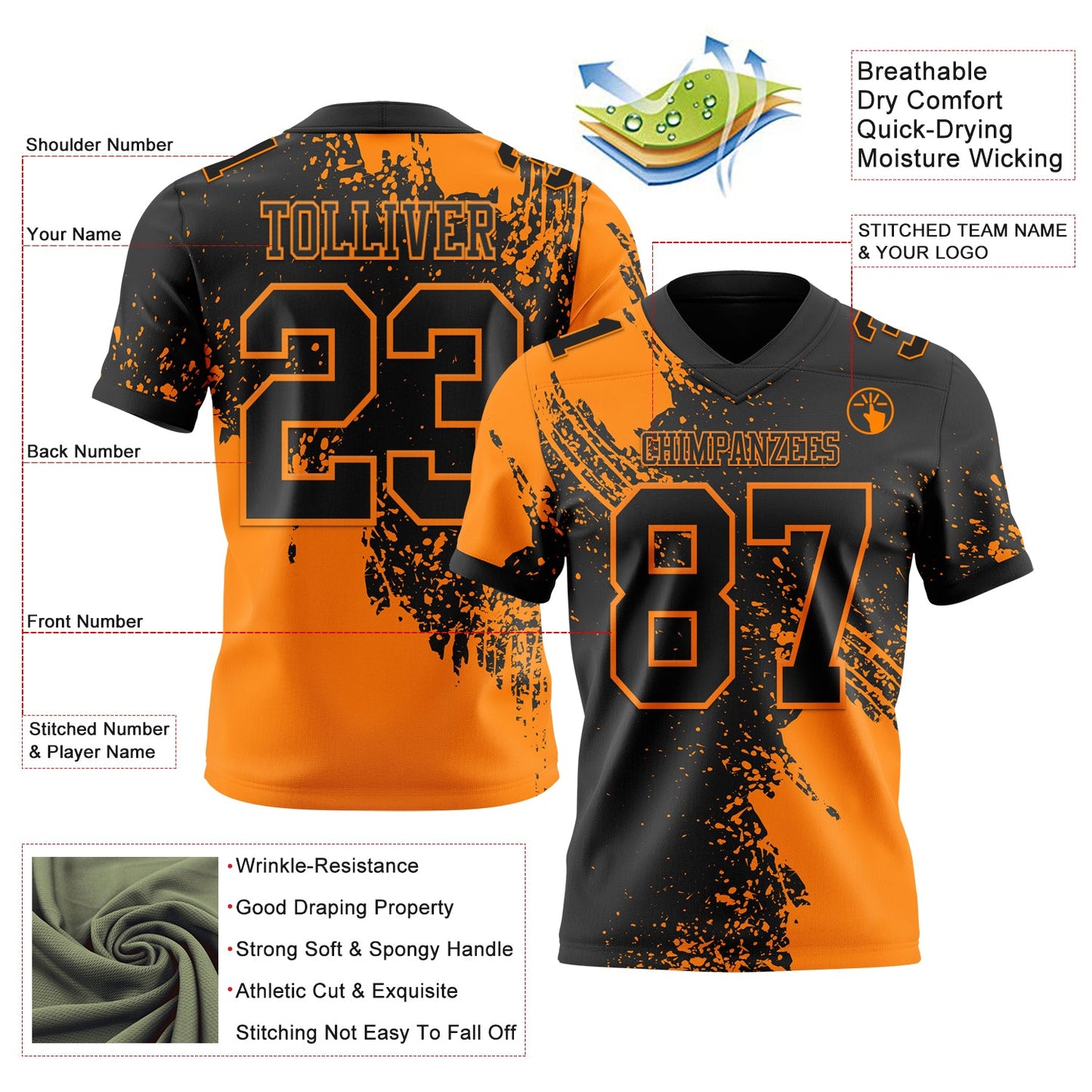 Custom Black Bay Orange 3D Pattern Abstract Brush Stroke Mesh Authentic Football Jersey - Sky-Custom