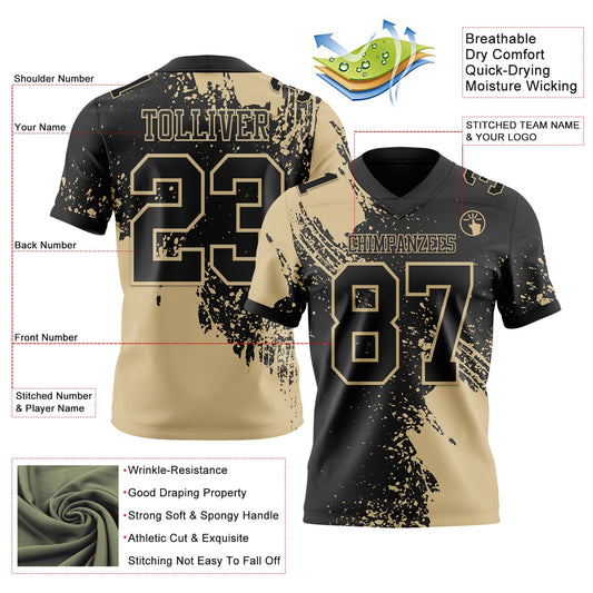 Custom Black Vegas Gold 3D Pattern Abstract Brush Stroke Mesh Authentic Football Jersey - Sky-Custom