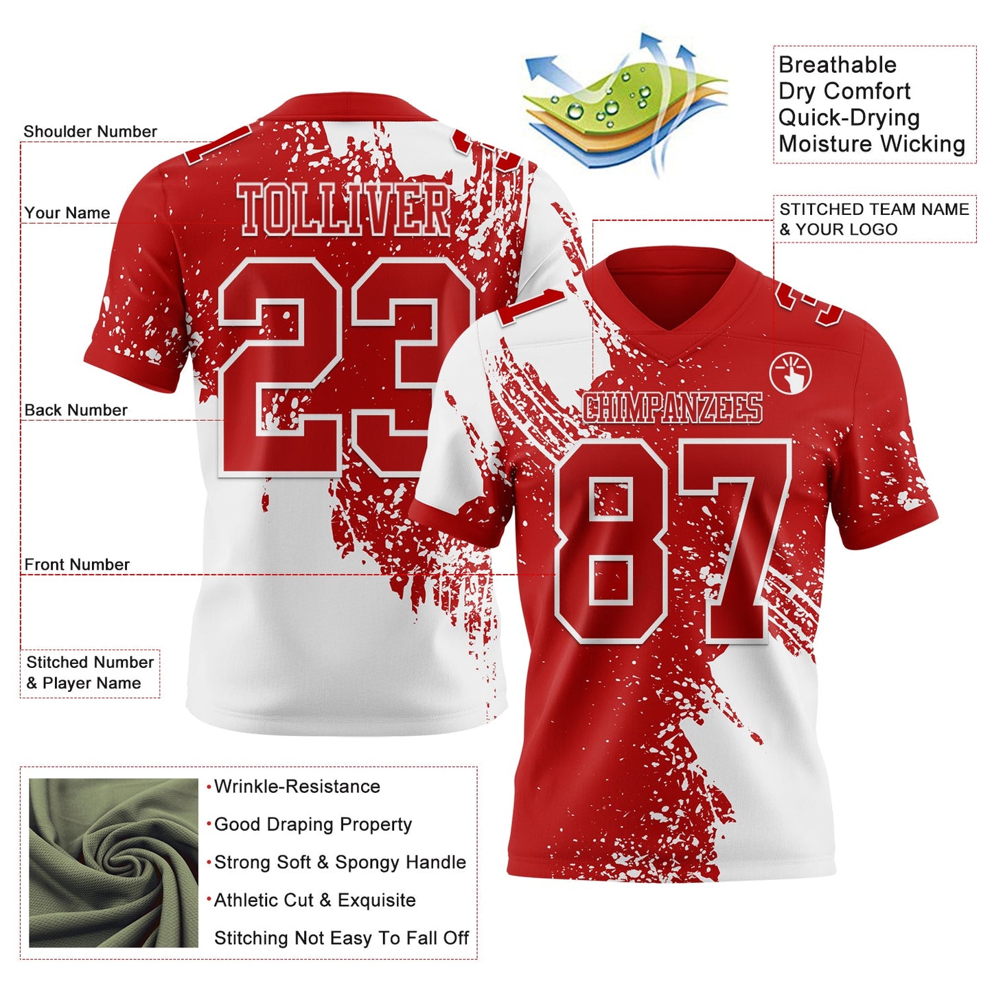 Custom Red White 3D Pattern Abstract Brush Stroke Mesh Authentic Football Jersey - Sky-Custom