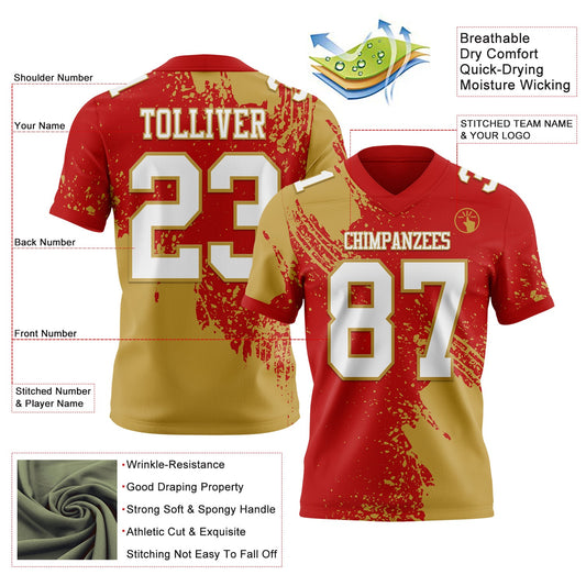 Custom Red White-Old Gold 3D Pattern Abstract Brush Stroke Mesh Authentic Football Jersey - Sky-Custom