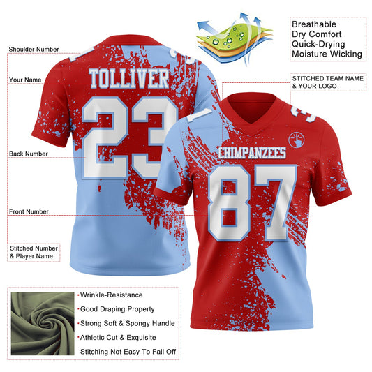 Custom Red White-Light Blue 3D Pattern Abstract Brush Stroke Mesh Authentic Football Jersey - Sky-Custom