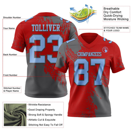 Custom Red Light Blue-Steel Gray 3D Pattern Abstract Brush Stroke Mesh Authentic Football Jersey - Sky-Custom