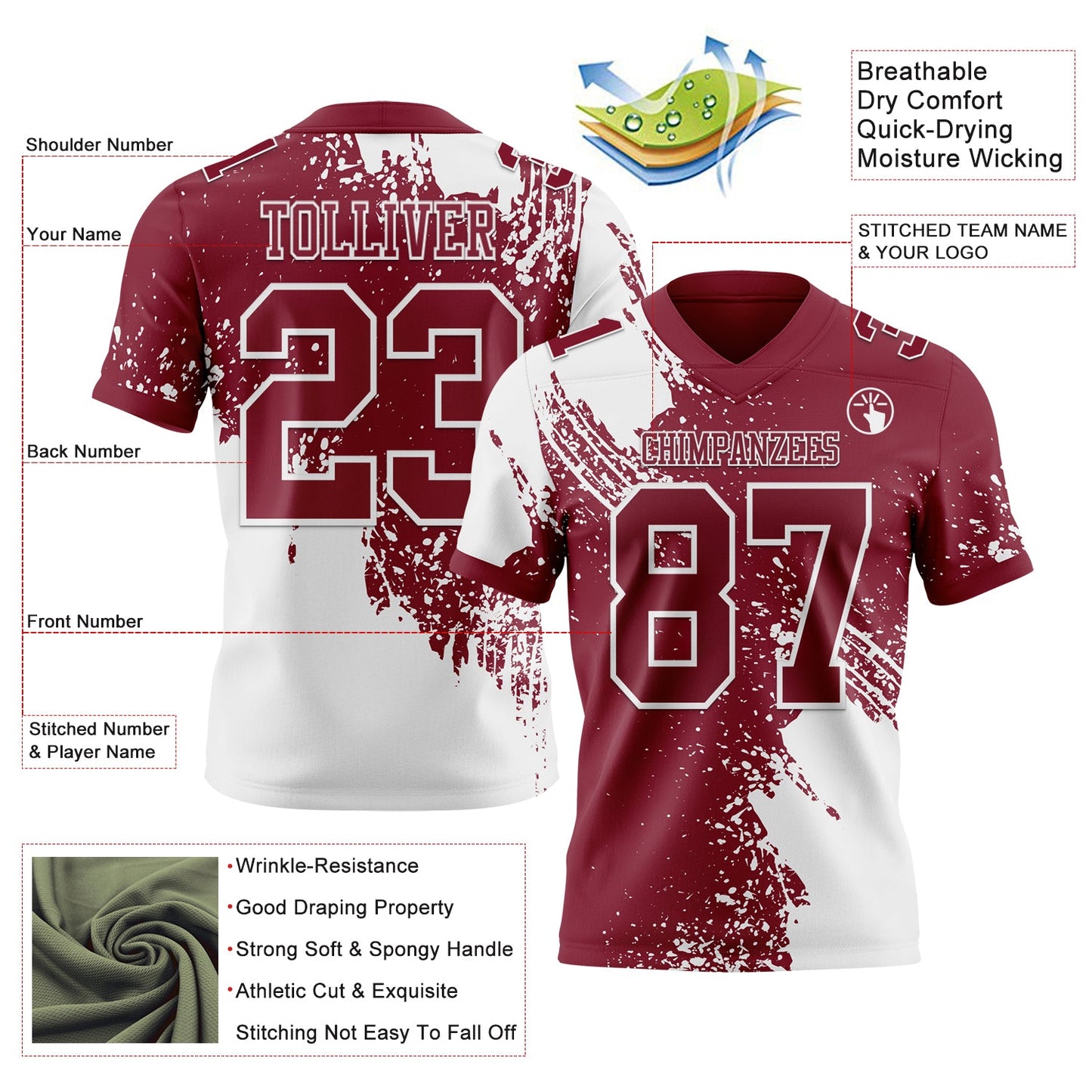 Custom Crimson White 3D Pattern Abstract Brush Stroke Mesh Authentic Football Jersey - Sky-Custom