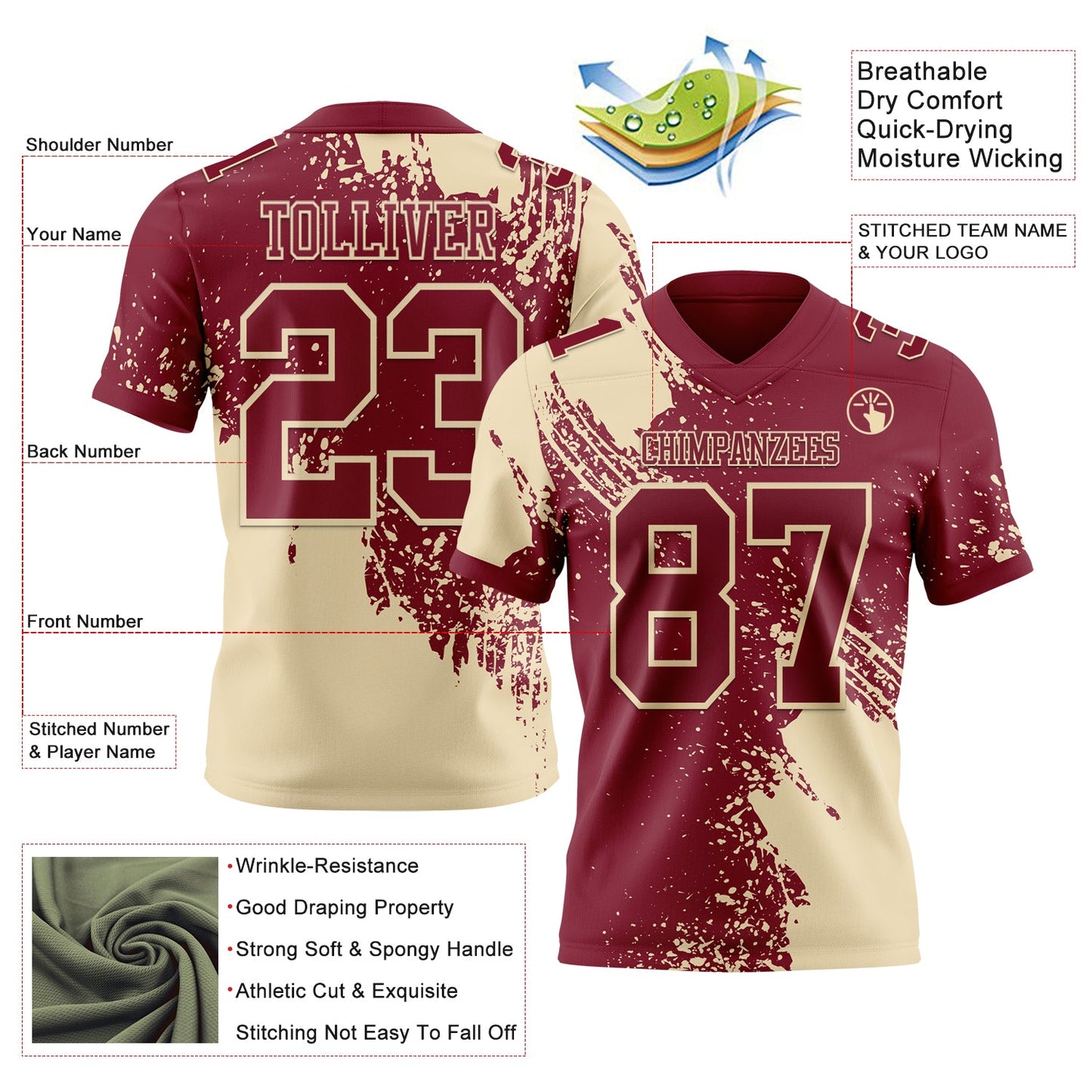 Custom Crimson Cream 3D Pattern Abstract Brush Stroke Mesh Authentic Football Jersey - Sky-Custom
