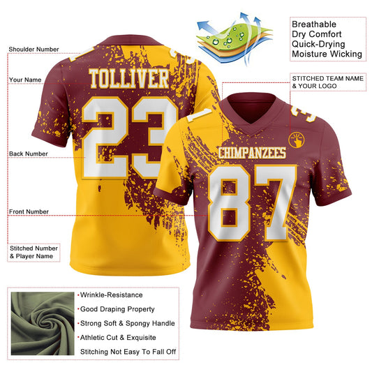 Custom Burgundy White-Gold 3D Pattern Abstract Brush Stroke Mesh Authentic Football Jersey - Sky-Custom