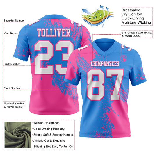 Custom Powder Blue White-Pink 3D Pattern Abstract Brush Stroke Mesh Authentic Football Jersey - Sky-Custom