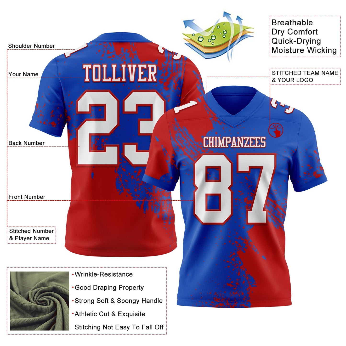 Custom Thunder Blue White-Red 3D Pattern Abstract Brush Stroke Mesh Authentic Football Jersey - Sky-Custom