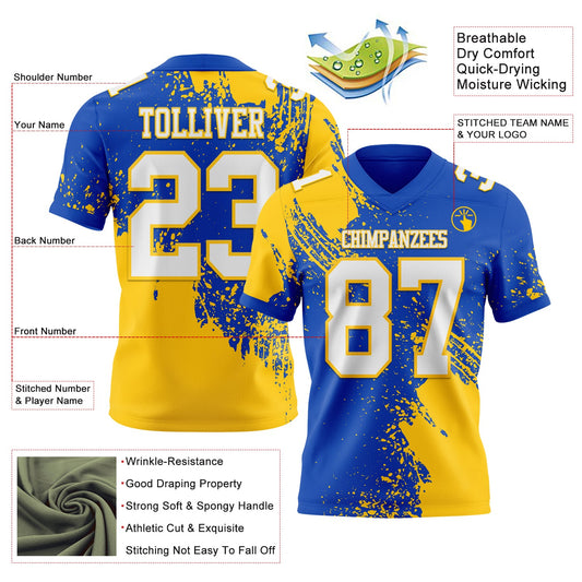Custom Thunder Blue White-Yellow 3D Pattern Abstract Brush Stroke Mesh Authentic Football Jersey - Sky-Custom