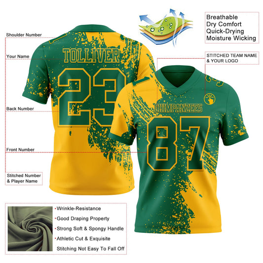 Custom Kelly Green Gold 3D Pattern Abstract Brush Stroke Mesh Authentic Football Jersey - Sky-Custom