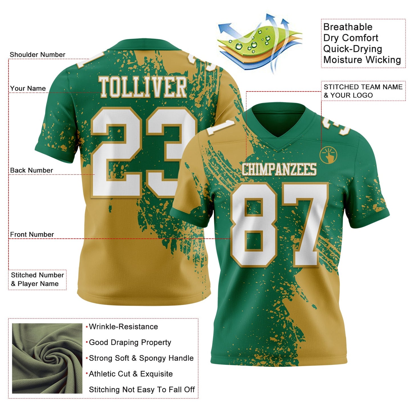 Custom Kelly Green White-Old Gold 3D Pattern Abstract Brush Stroke Mesh Authentic Football Jersey - Sky-Custom