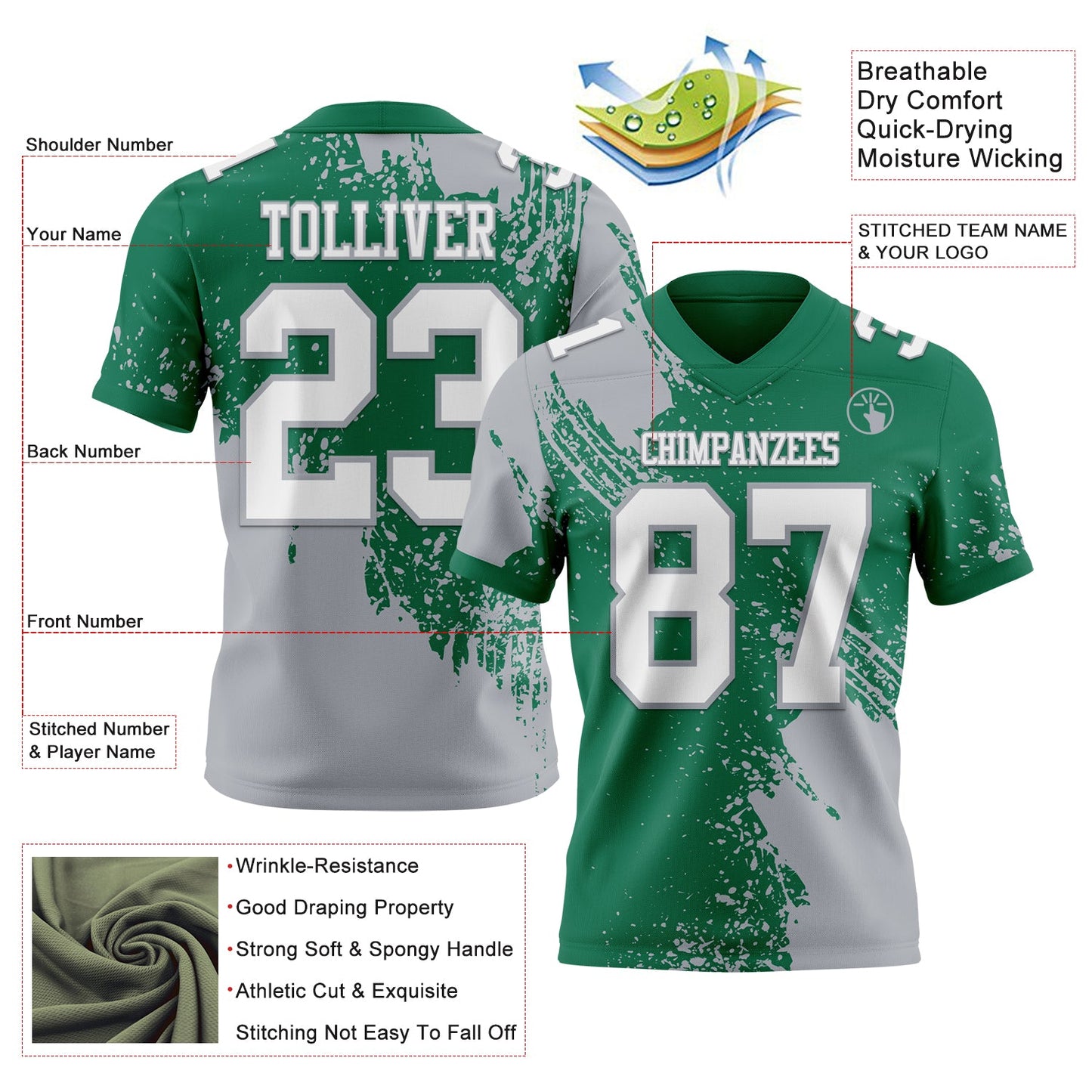 Custom Kelly Green White-Gray 3D Pattern Abstract Brush Stroke Mesh Authentic Football Jersey - Sky-Custom