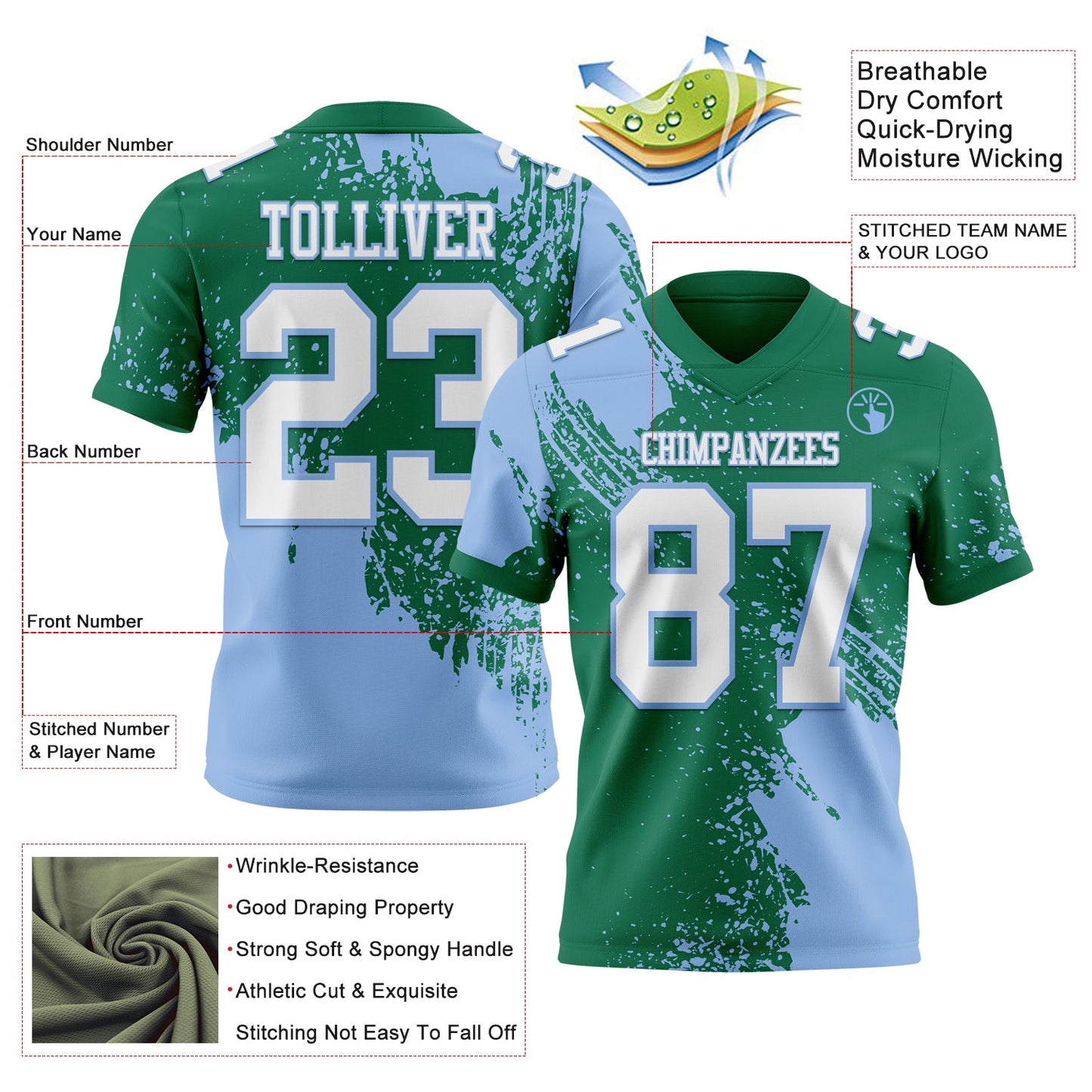 Custom Kelly Green White-Light Blue 3D Pattern Abstract Brush Stroke Mesh Authentic Football Jersey - Sky-Custom