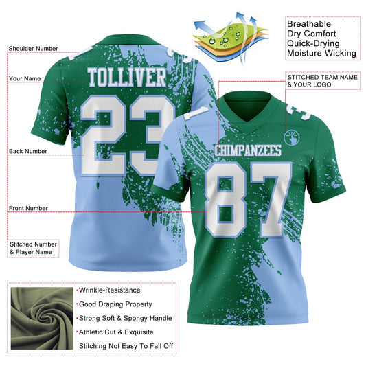 Custom Kelly Green White-Light Blue 3D Pattern Abstract Brush Stroke Mesh Authentic Football Jersey - Sky-Custom