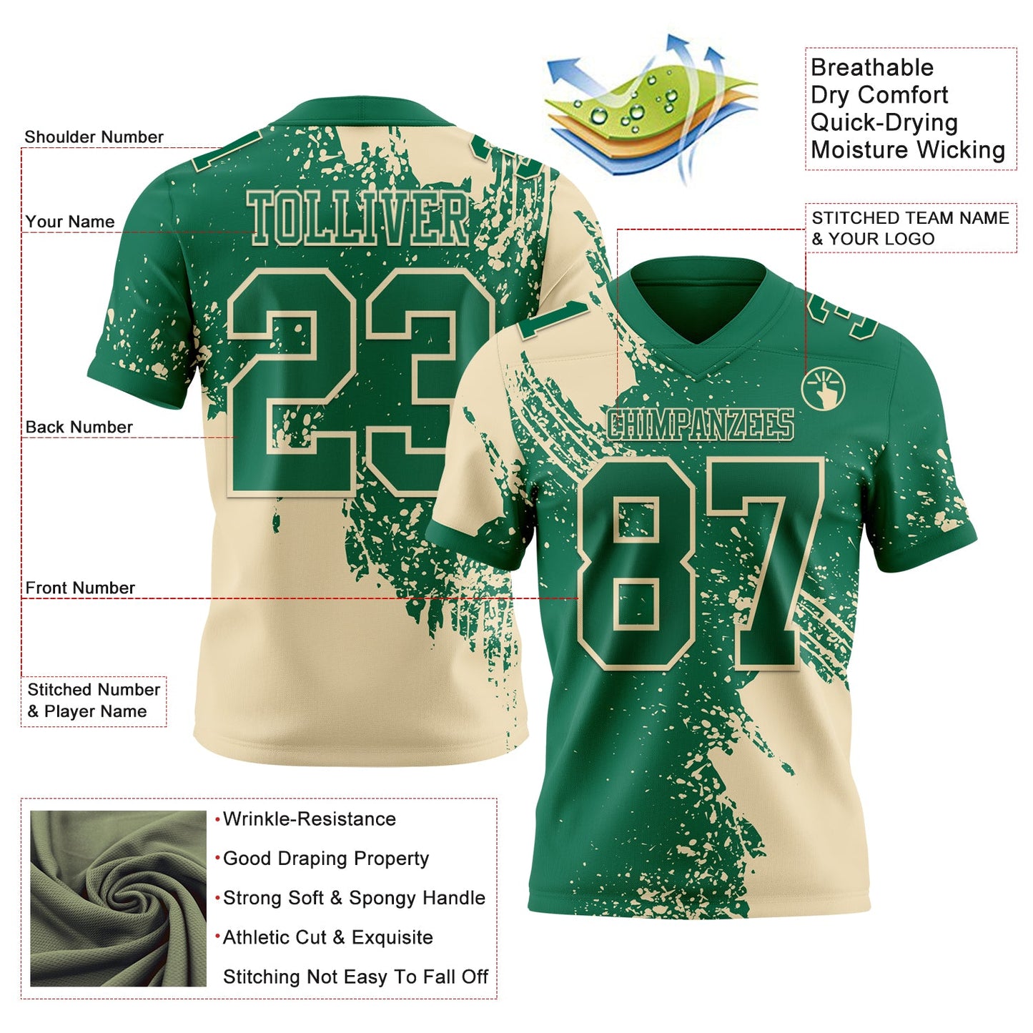 Custom Kelly Green Cream 3D Pattern Abstract Brush Stroke Mesh Authentic Football Jersey - Sky-Custom