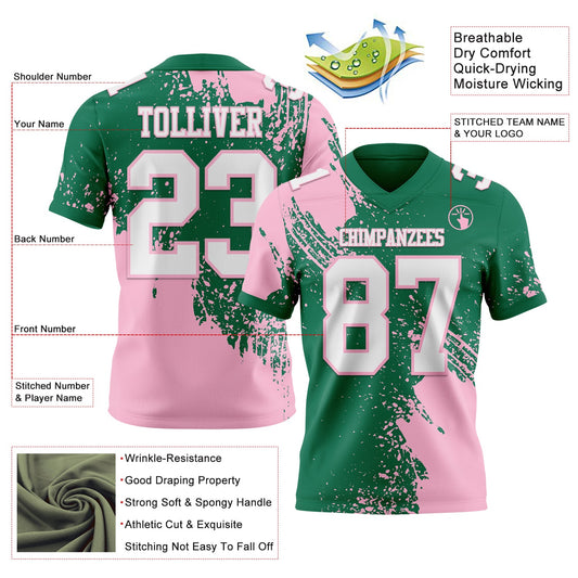 Custom Kelly Green White-Light Pink 3D Pattern Abstract Brush Stroke Mesh Authentic Football Jersey - Sky-Custom