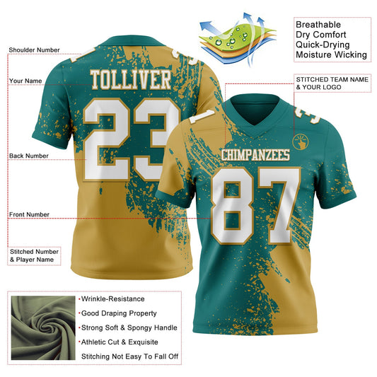 Custom Teal White-Old Gold 3D Pattern Abstract Brush Stroke Mesh Authentic Football Jersey - Sky-Custom