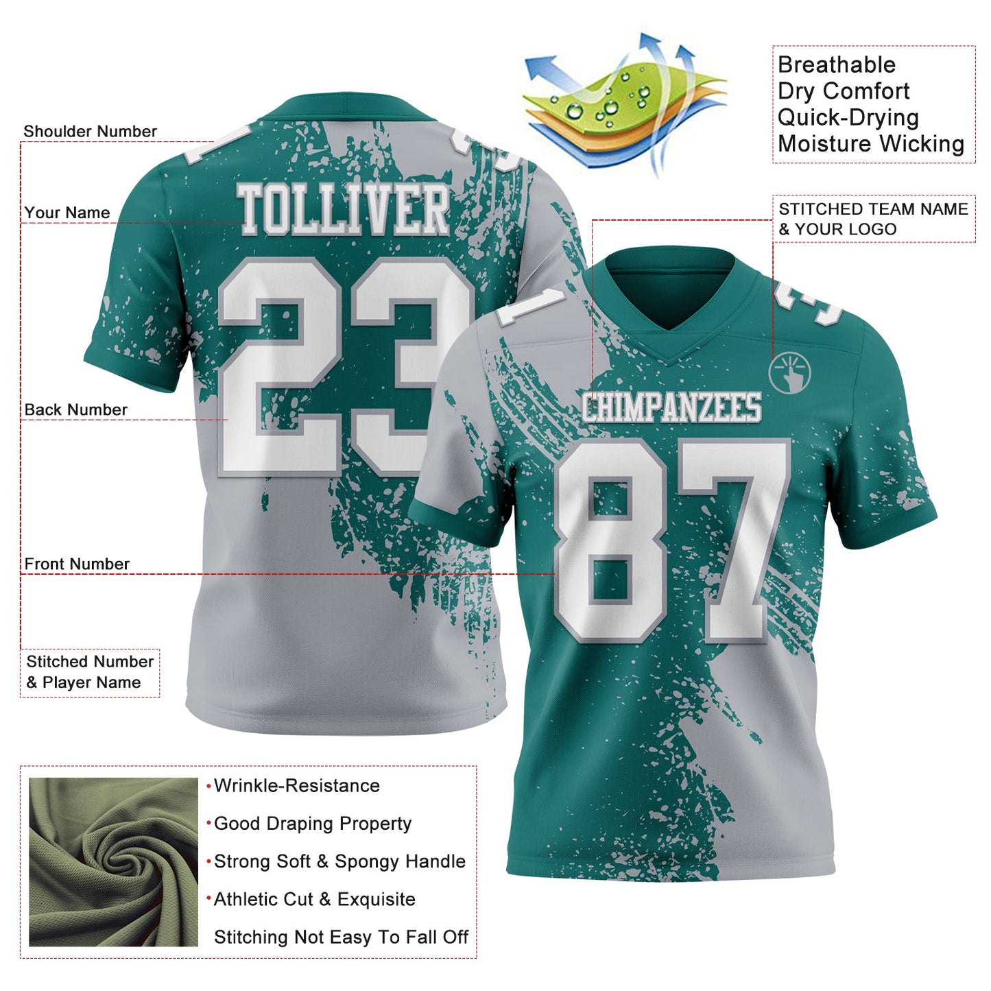 Custom Teal White-Gray 3D Pattern Abstract Brush Stroke Mesh Authentic Football Jersey - Sky-Custom