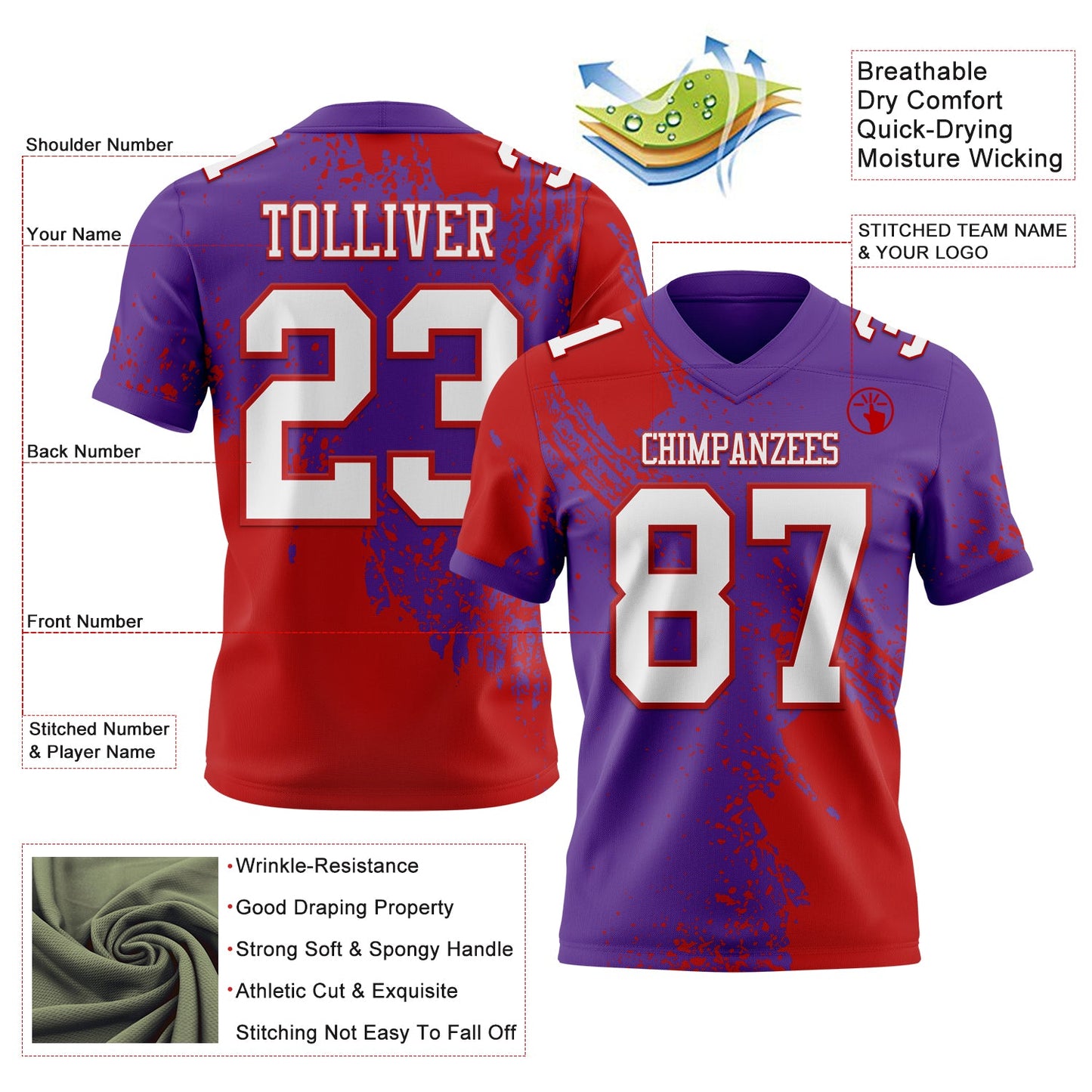 Custom Purple White-Red 3D Pattern Abstract Brush Stroke Mesh Authentic Football Jersey - Sky-Custom