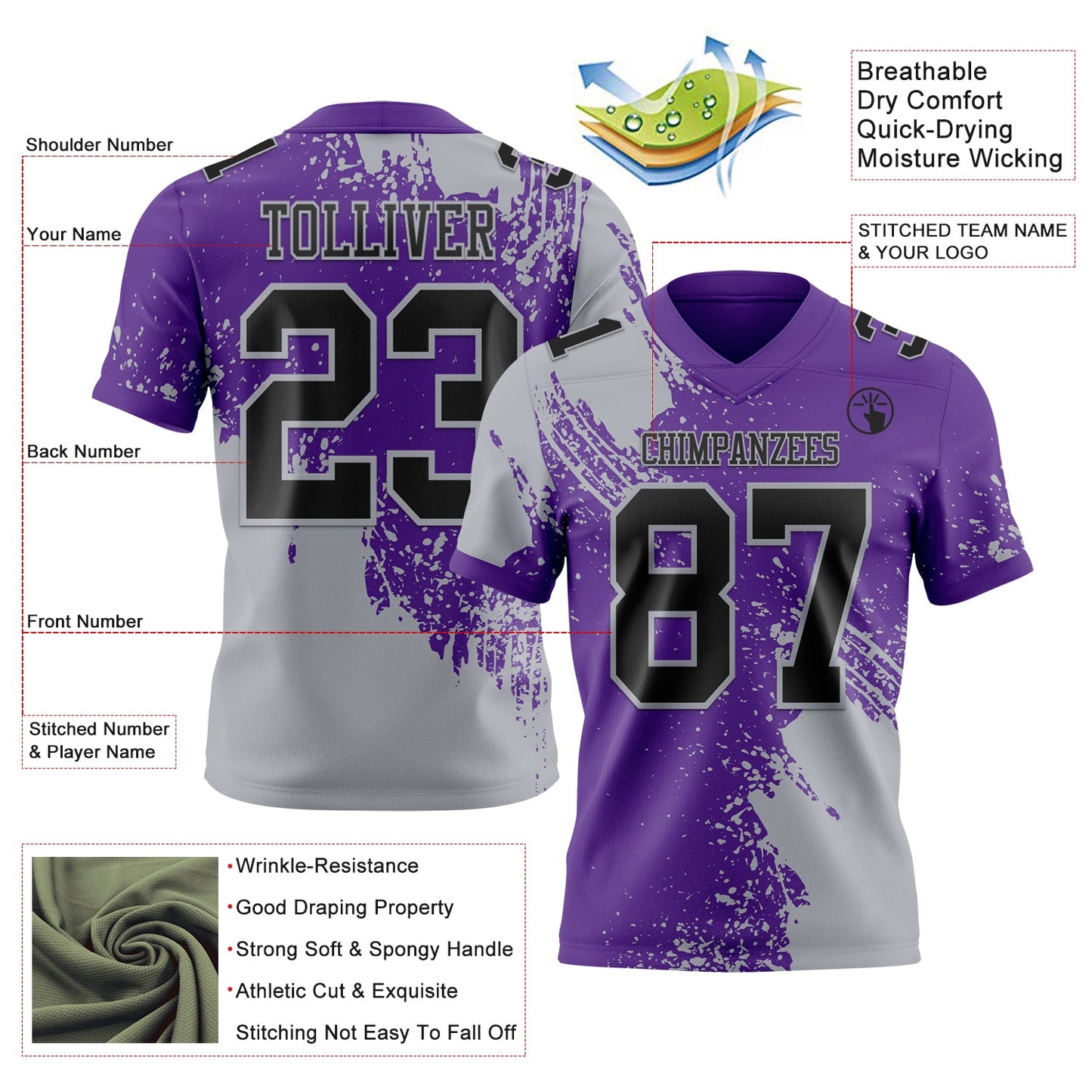 Custom Purple Black-Gray 3D Pattern Abstract Brush Stroke Mesh Authentic Football Jersey - Sky-Custom
