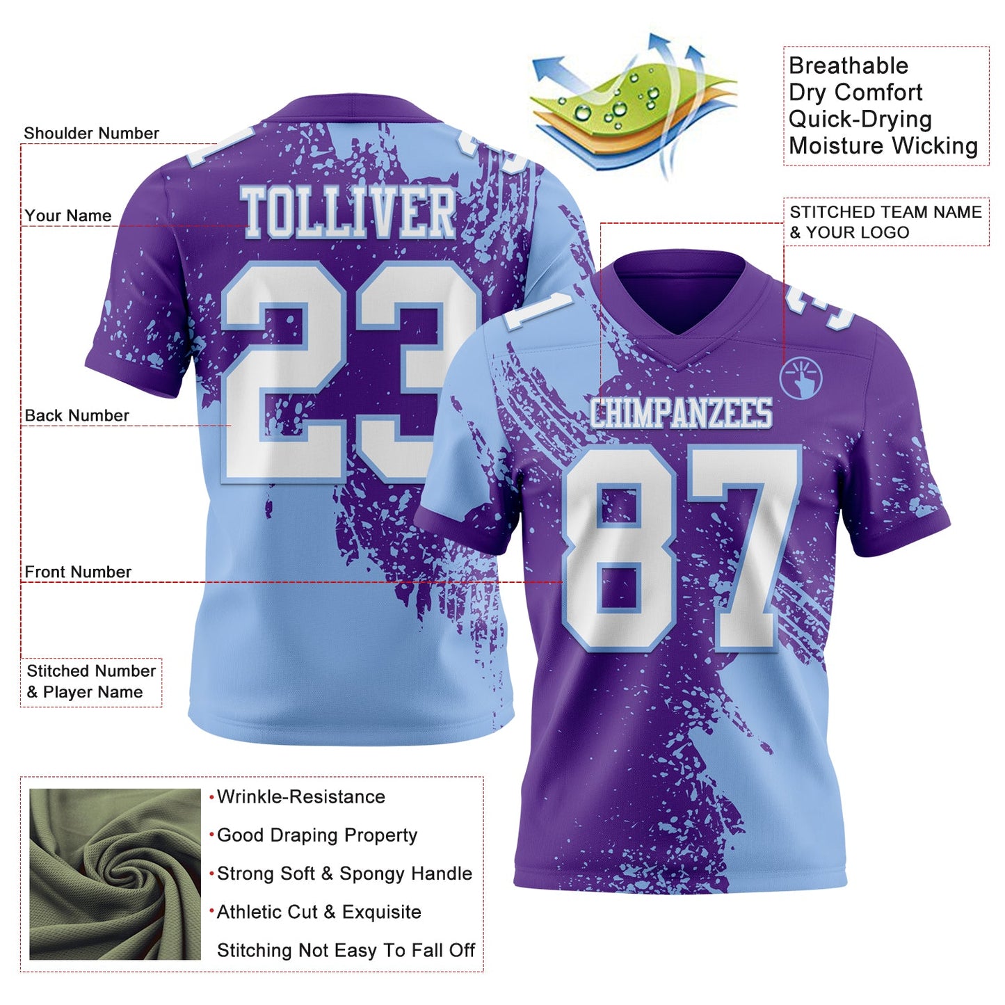 Custom Purple White-Light Blue 3D Pattern Abstract Brush Stroke Mesh Authentic Football Jersey - Sky-Custom