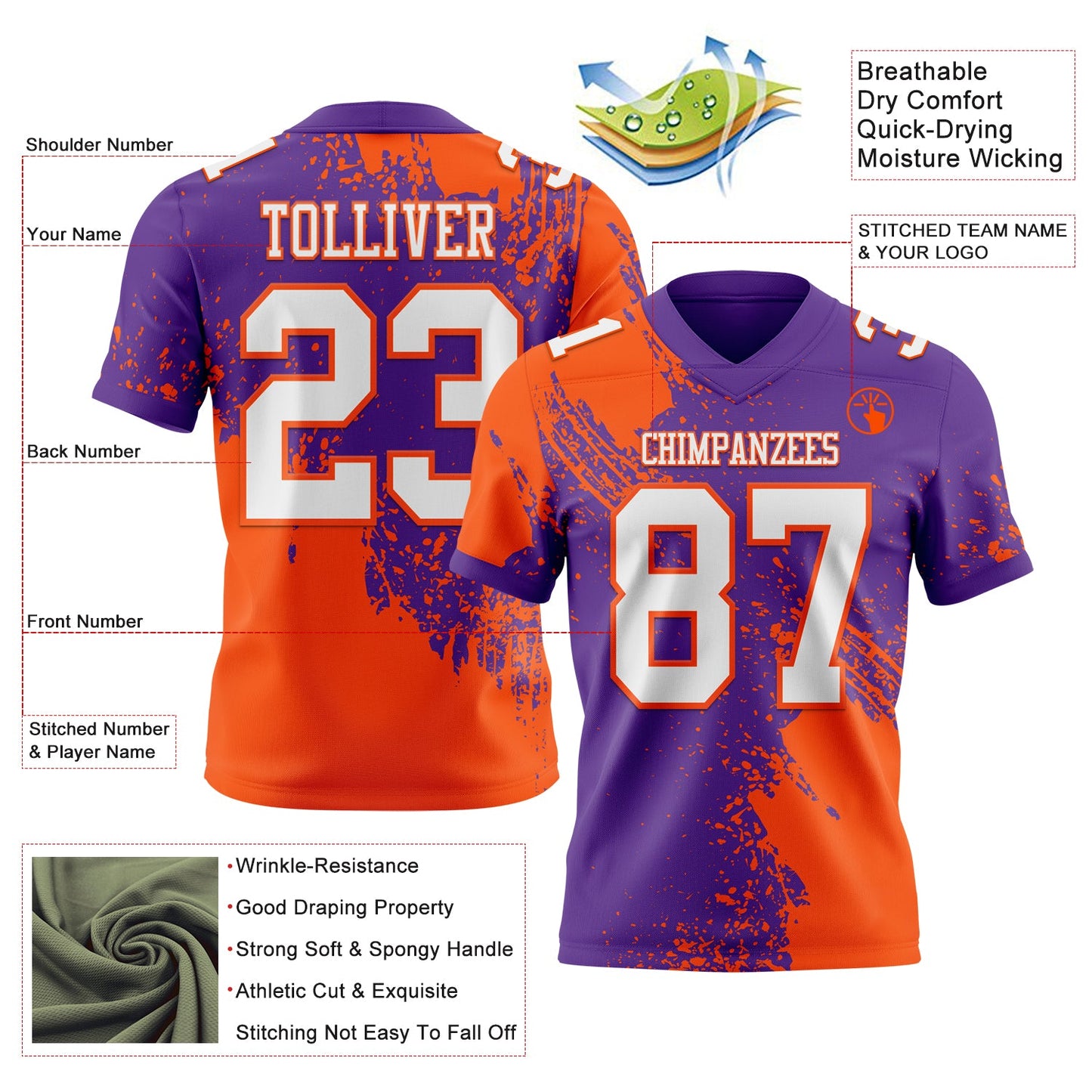 Custom Purple White-Orange 3D Pattern Abstract Brush Stroke Mesh Authentic Football Jersey - Sky-Custom