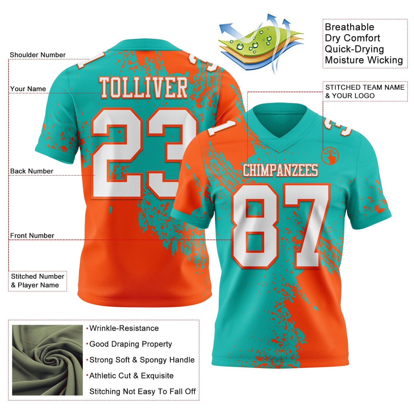 Custom Aqua White-Orange 3D Pattern Abstract Brush Stroke Mesh Authentic Football Jersey - Sky-Custom