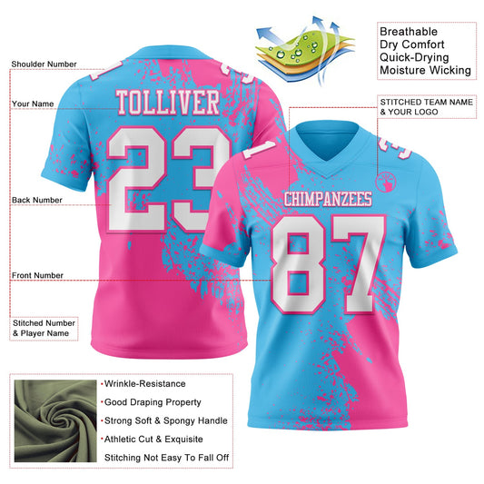 Custom Sky Blue White-Pink 3D Pattern Abstract Brush Stroke Mesh Authentic Football Jersey - Sky-Custom