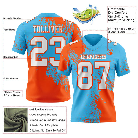 Custom Sky Blue White-Orange 3D Pattern Abstract Brush Stroke Mesh Authentic Football Jersey - Sky-Custom