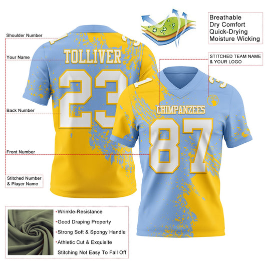 Custom Light Blue White-Yellow 3D Pattern Abstract Brush Stroke Mesh Authentic Football Jersey - Sky-Custom