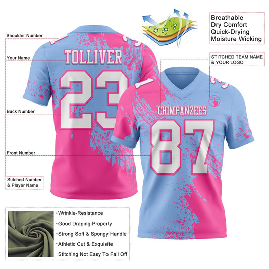 Custom Light Blue White-Pink 3D Pattern Abstract Brush Stroke Mesh Authentic Football Jersey - Sky-Custom