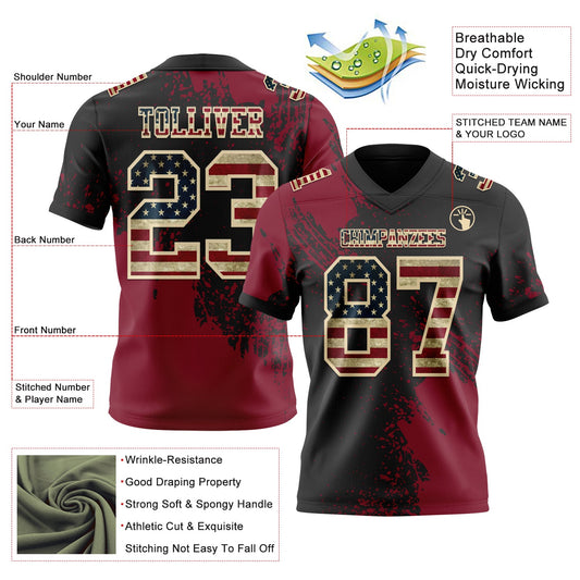 Custom Black Vintage USA Flag Crimson-Cream 3D Pattern Abstract Brush Stroke Mesh Authentic Football Jersey - Sky-Custom