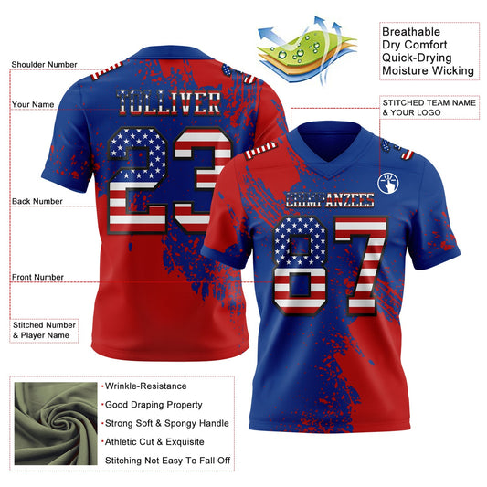 Custom Royal USA Flag Red-Black 3D Pattern Abstract Brush Stroke Mesh Authentic Football Jersey - Sky-Custom