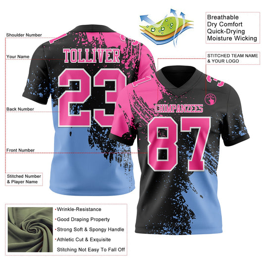 Custom Black Pink Light Blue-White 3D Pattern Abstract Brush Stroke Mesh Authentic Football Jersey - Sky-Custom
