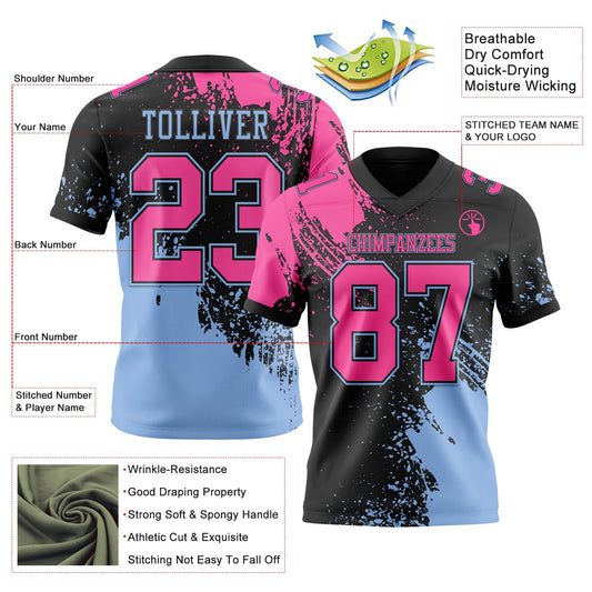 Custom Black Pink-Light Blue 3D Pattern Abstract Brush Stroke Mesh Authentic Football Jersey - Sky-Custom