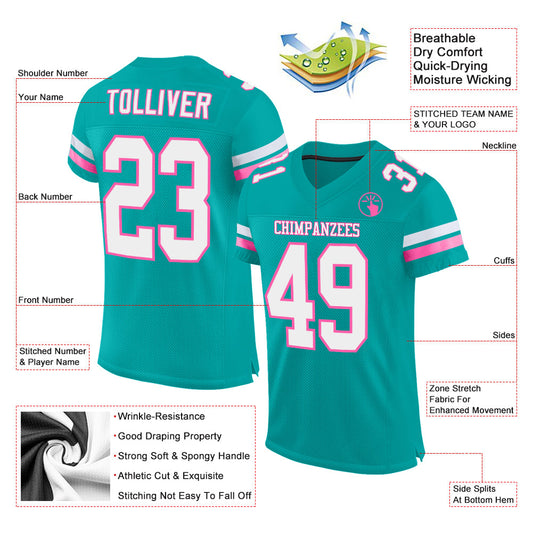 Custom Aqua White-Pink Mesh Authentic Football Jersey - Sky-Custom