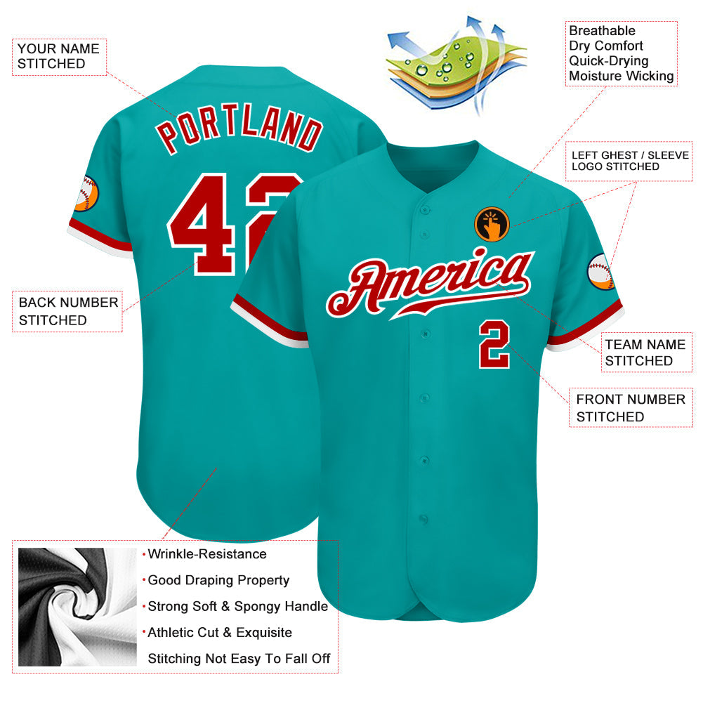 Custom Aqua Red-White Authentic Baseball Jersey - Sky-Custom