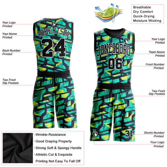 Custom Aqua Black-Neon Green Round Neck Sublimation Basketball Suit Jersey - Sky-Custom