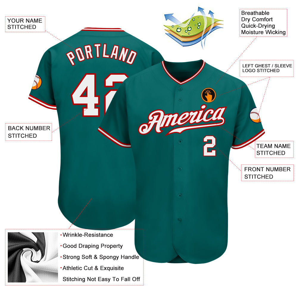 Custom Teal White-Red Authentic Baseball Jersey - Sky-Custom