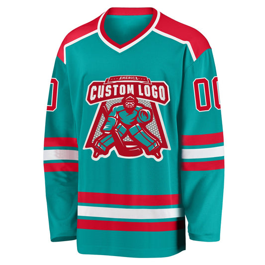 Custom Aqua Red-White Hockey Jersey - Sky-Custom