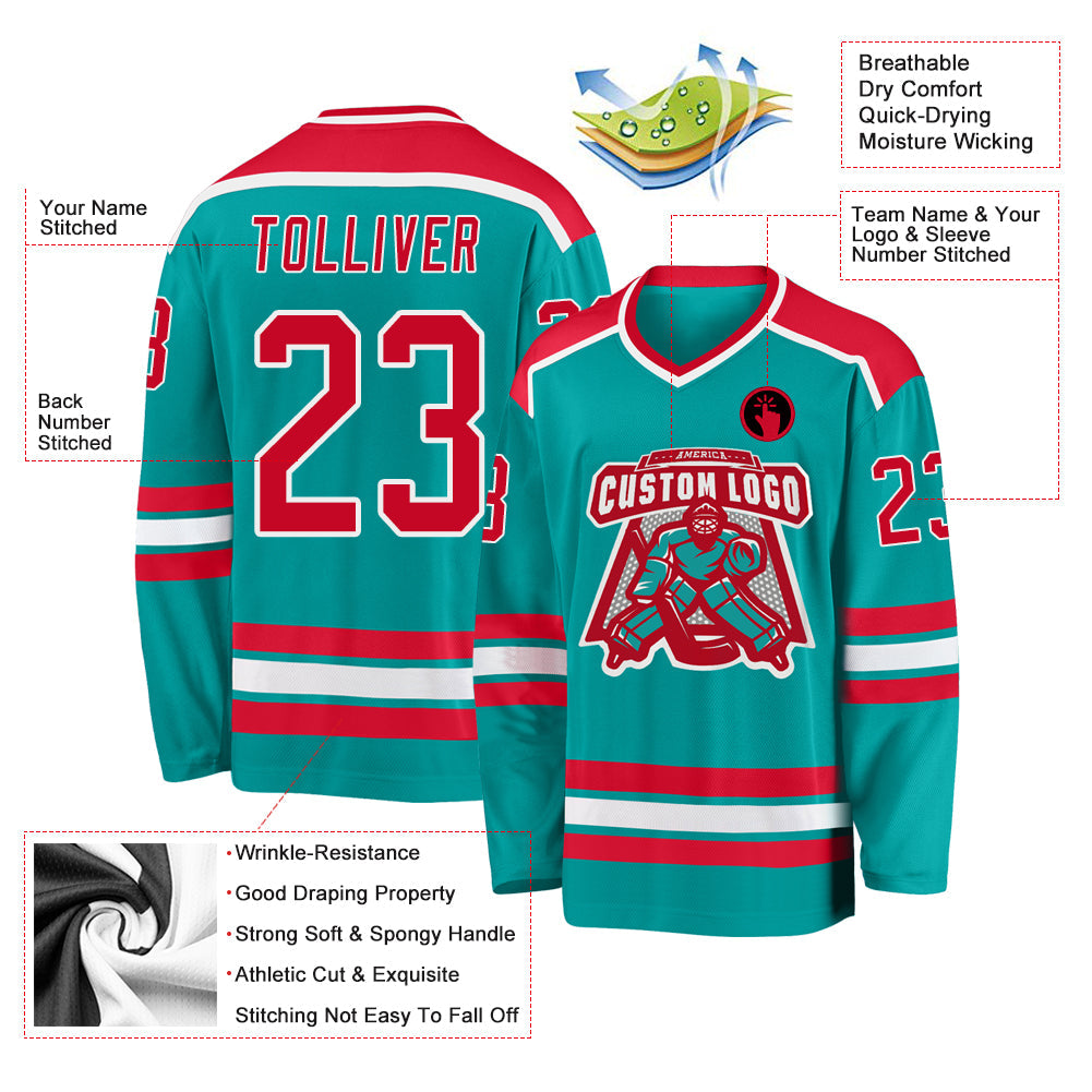 Custom Aqua Red-White Hockey Jersey - Sky-Custom