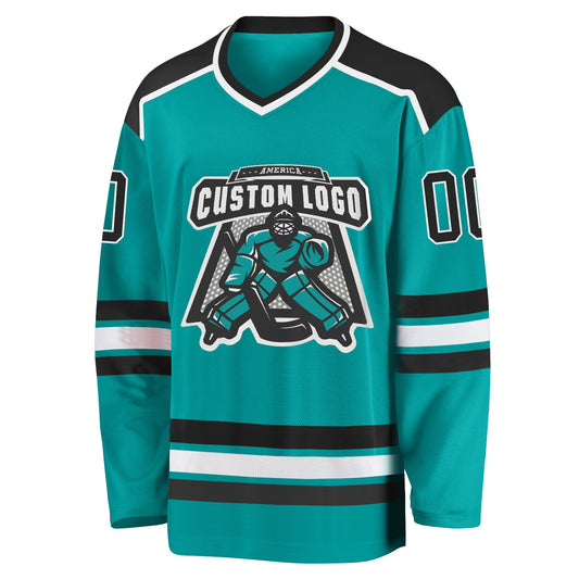 Custom Aqua Black-White Hockey Jersey - Sky-Custom